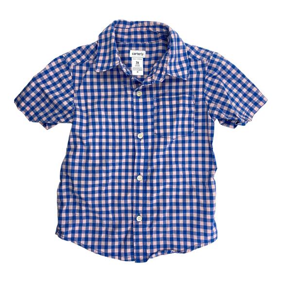Carter's Boy's Striped Checkered Blue Pink Button Up Short Sleeve Shirt Size 3T - Picture 1 of 7